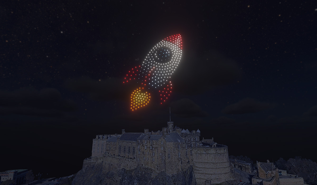An emoji rocket made from 300 drones